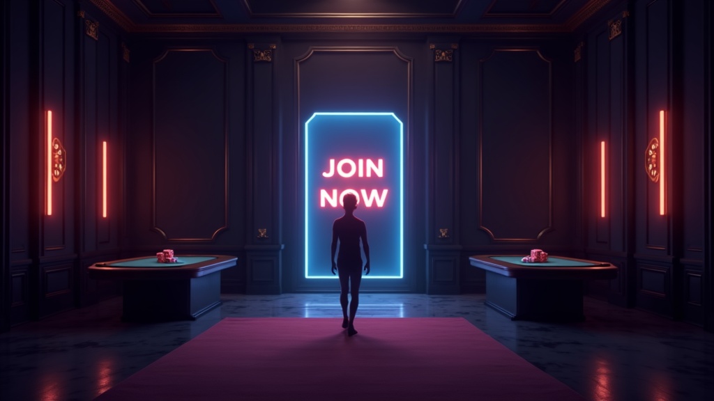 New player approaching a glowing join-now screen in a casino setting