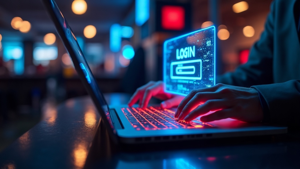 Player entering login details at a neon casino terminal in a dark room