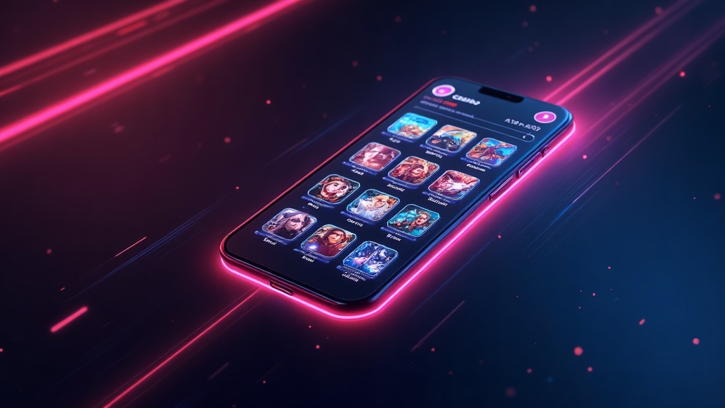 Smartphone showing a fast-loading casino lobby with neon speed effects