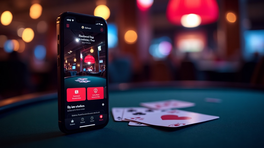 Smartphone showing a sleek casino lobby with neon lights in the background