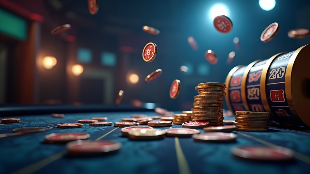 Slot machine scene with free spin tokens and a glowing no deposit voucher