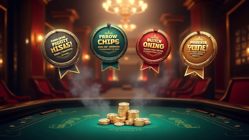 Casino lounge with rotating promotion banners, bonus chips and free spin wheels