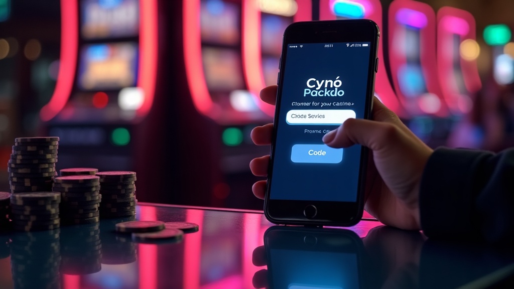 Player entering a promo code on a phone beside glowing slot machines