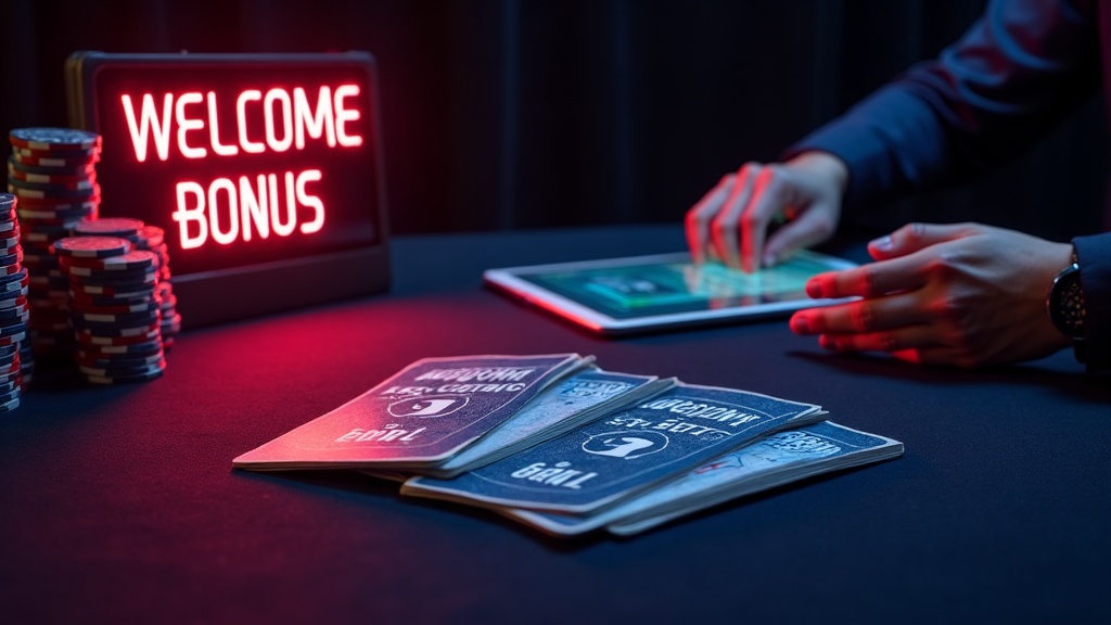 Casino player reviewing welcome bonus terms on a tablet beside glowing chips